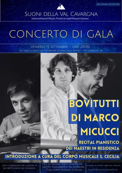 La locandina: Concerto di gala del festival «Suoni della Val Cavargna»: recital pianistico dei maestri in residenza